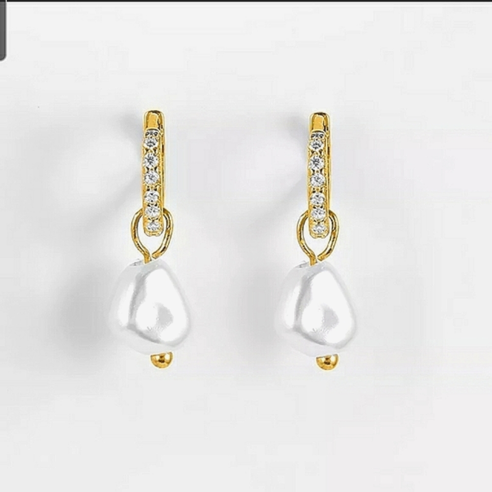 18KT GOLD/925 STERLING SILVER CRYSTAL DIAMOND CZ DANGLE PEARL HUGGIE HOOPS☆NEW
